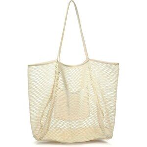 Women's Cream-beige Mesh Beach Nylon&Polyester No-closure Tote Shoulder Handbag